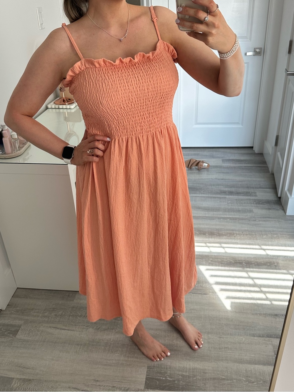 H&M Peach Smocked Midi Dress with Ruffle Trim